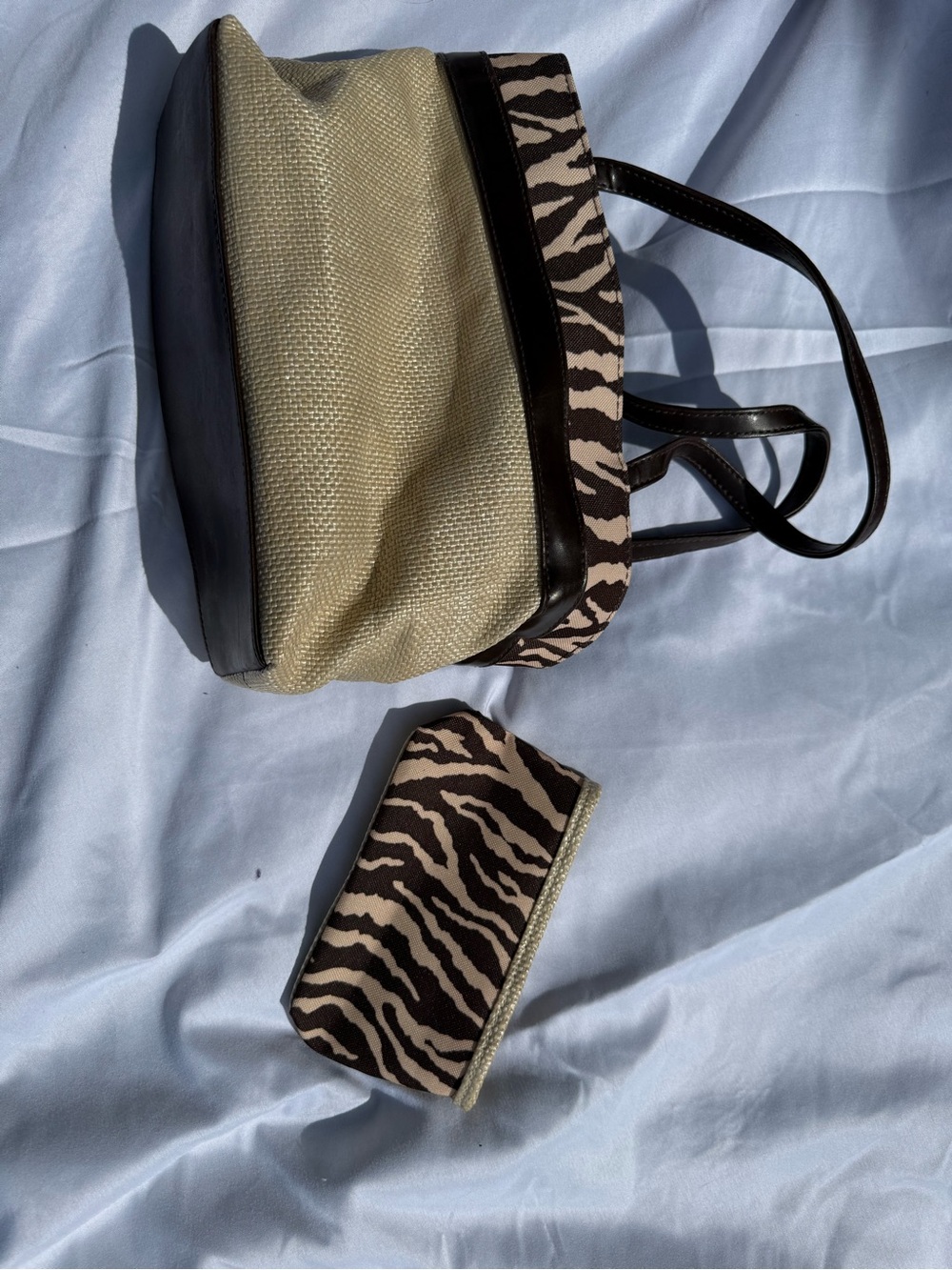 Estee Lauder Beige and Brown Zebra Print Shoulder Bag with Matching Pouch